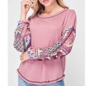 Baea Boho Mixed Long Sleeve Top, XS